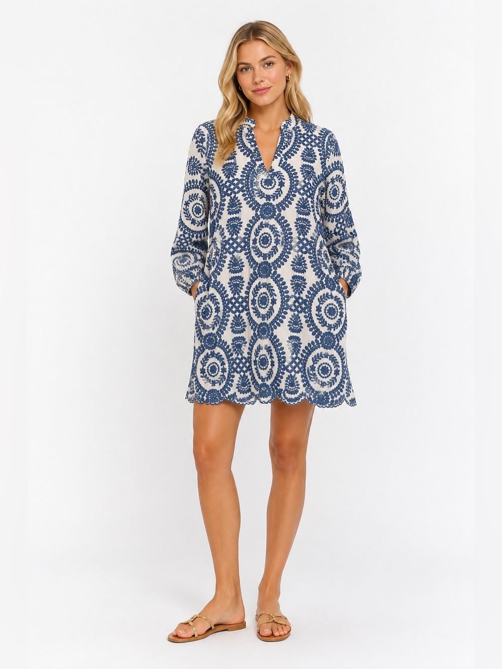 Blue and White Embroidered Long-Sleeve Tunic Dress